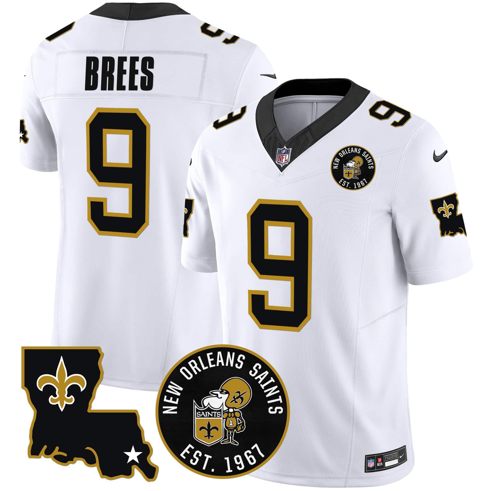 Men New Orleans Saints #9 Brees White 2024 Nike 1967 Patch Vapor Limited NFL Jersey
